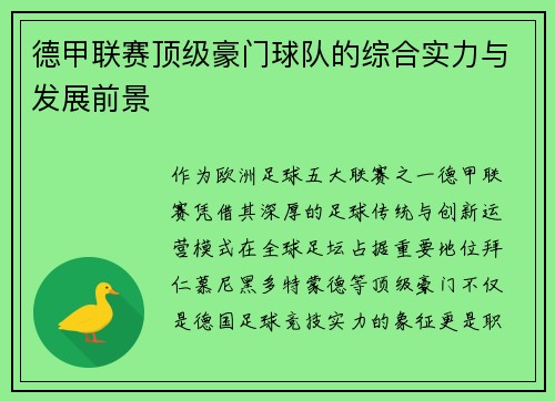 德甲联赛顶级豪门球队的综合实力与发展前景